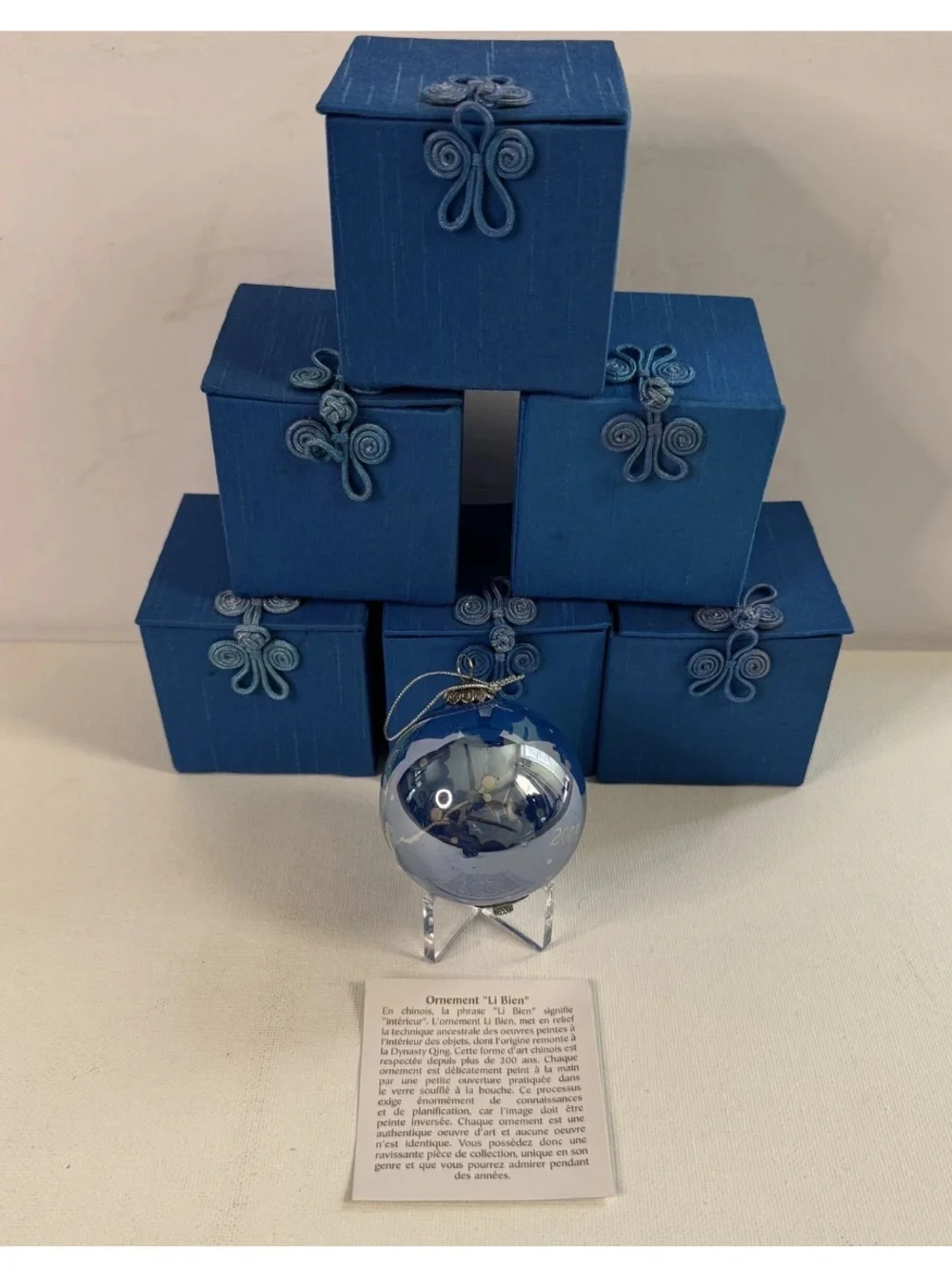 Vintage 2009 Pier 1 Li Bien Doves Blue Glass Christmas Ball Ornament Lot of 6